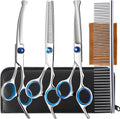 Lengnoyp 5 in 1 dog grooming scissors kit front view displaying titanium coated blue shears and steel comb