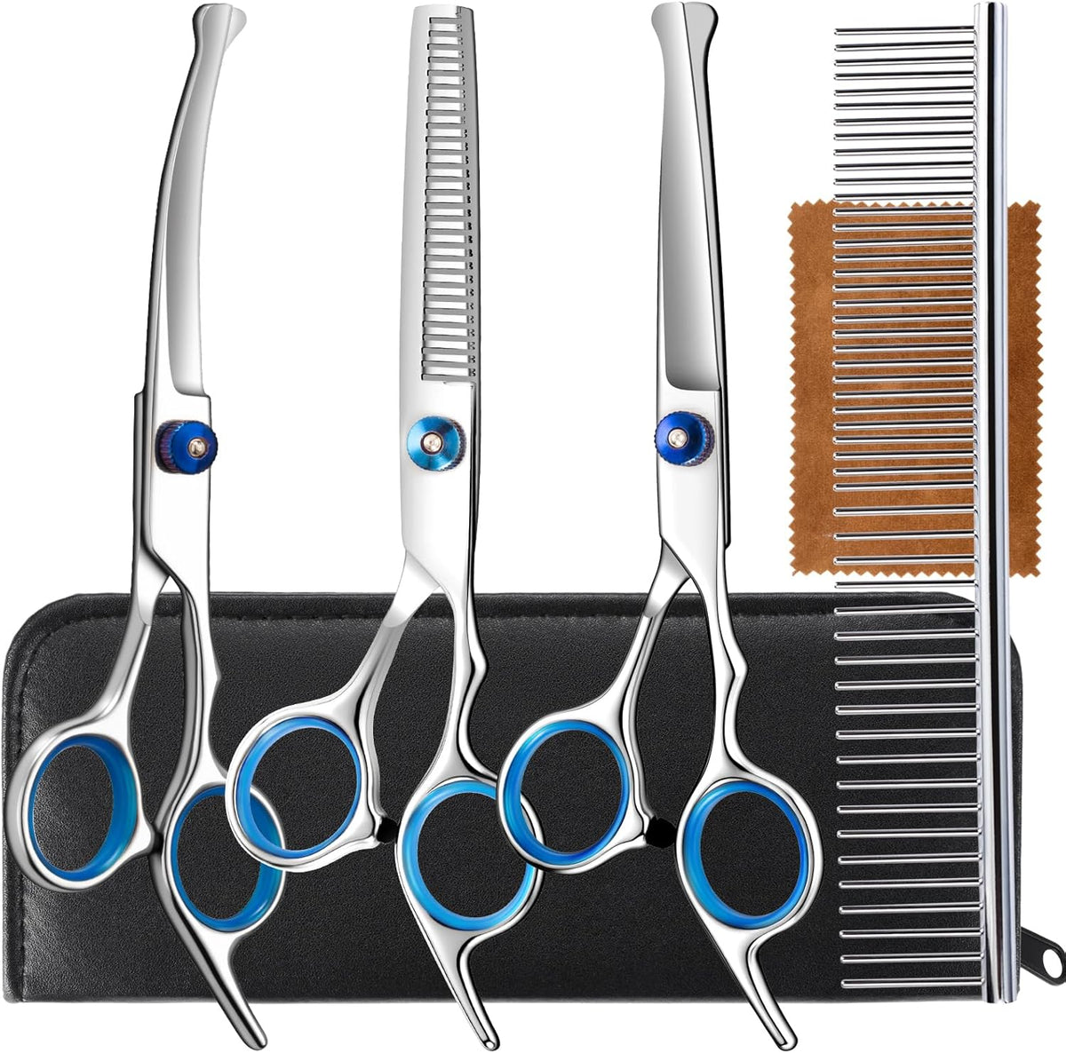 Lengnoyp 5 in 1 dog grooming scissors kit front view displaying titanium coated blue shears and steel comb
