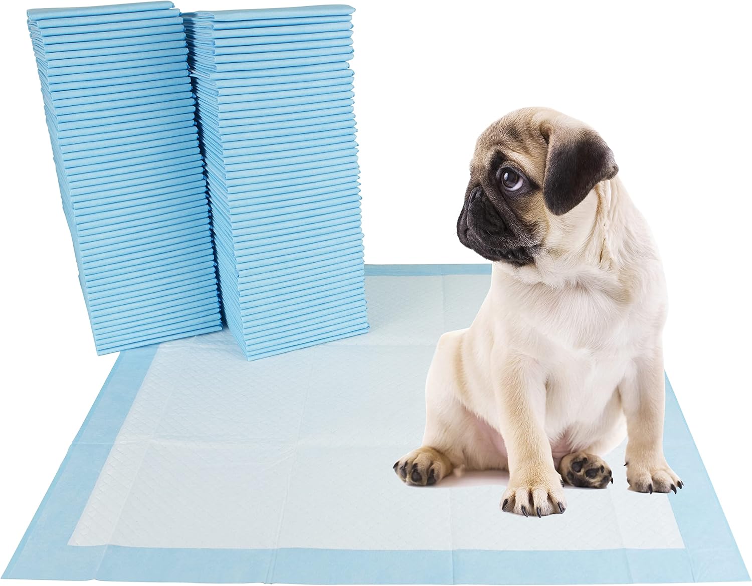 Stack of forty count extra large premium dog pads stored neatly in a home pet corner.