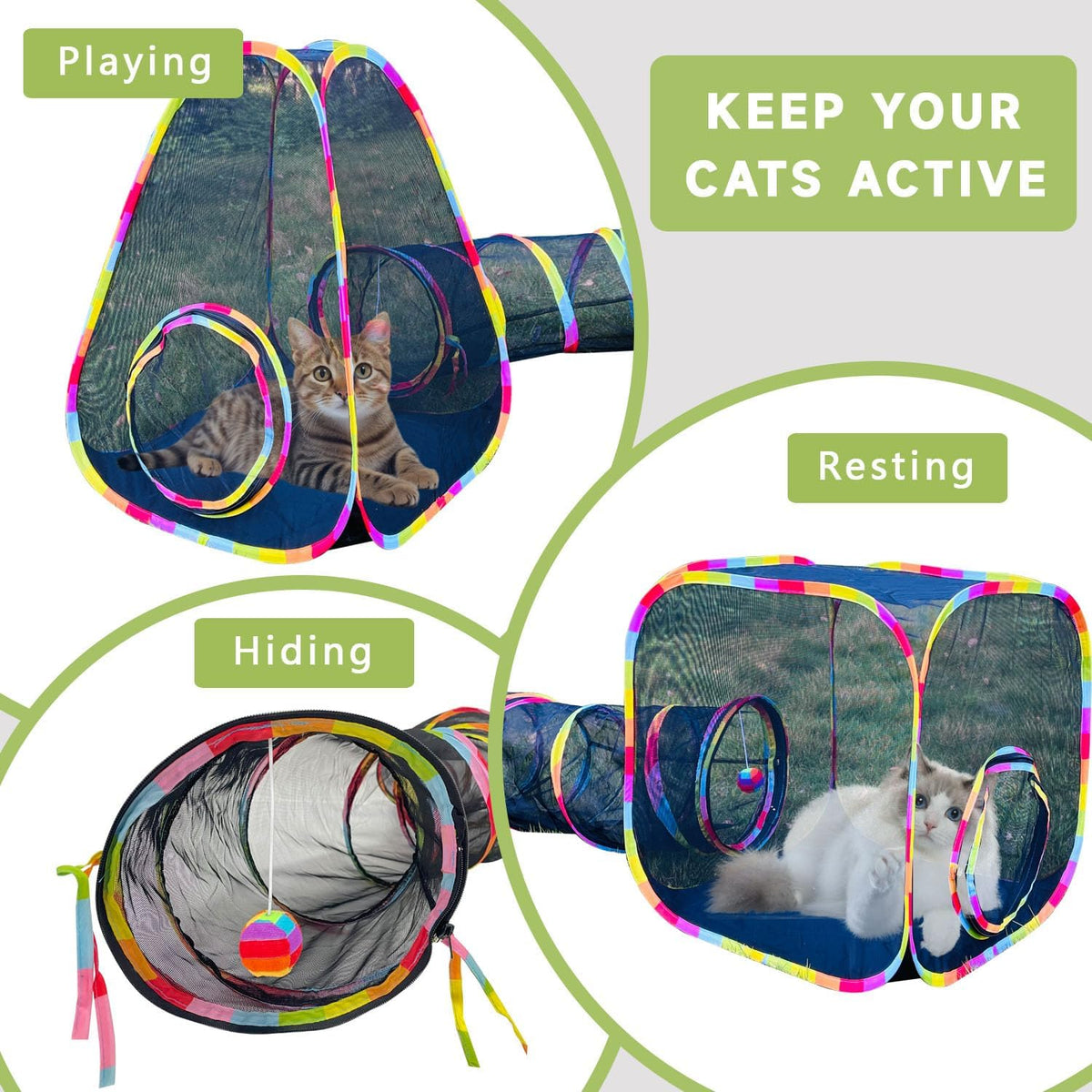 Pop up mesh pet playpen with vibrant rainbow edging and hanging ball toy