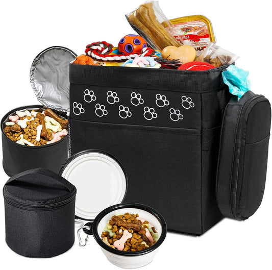 CLAWIST dog travel bag front view showing black design with white paw print pattern