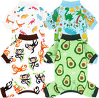 XPUDAC 4 Pack Dog Pajamas front view showing small dog wearing the cute multicolor avocado printed pet onesie.