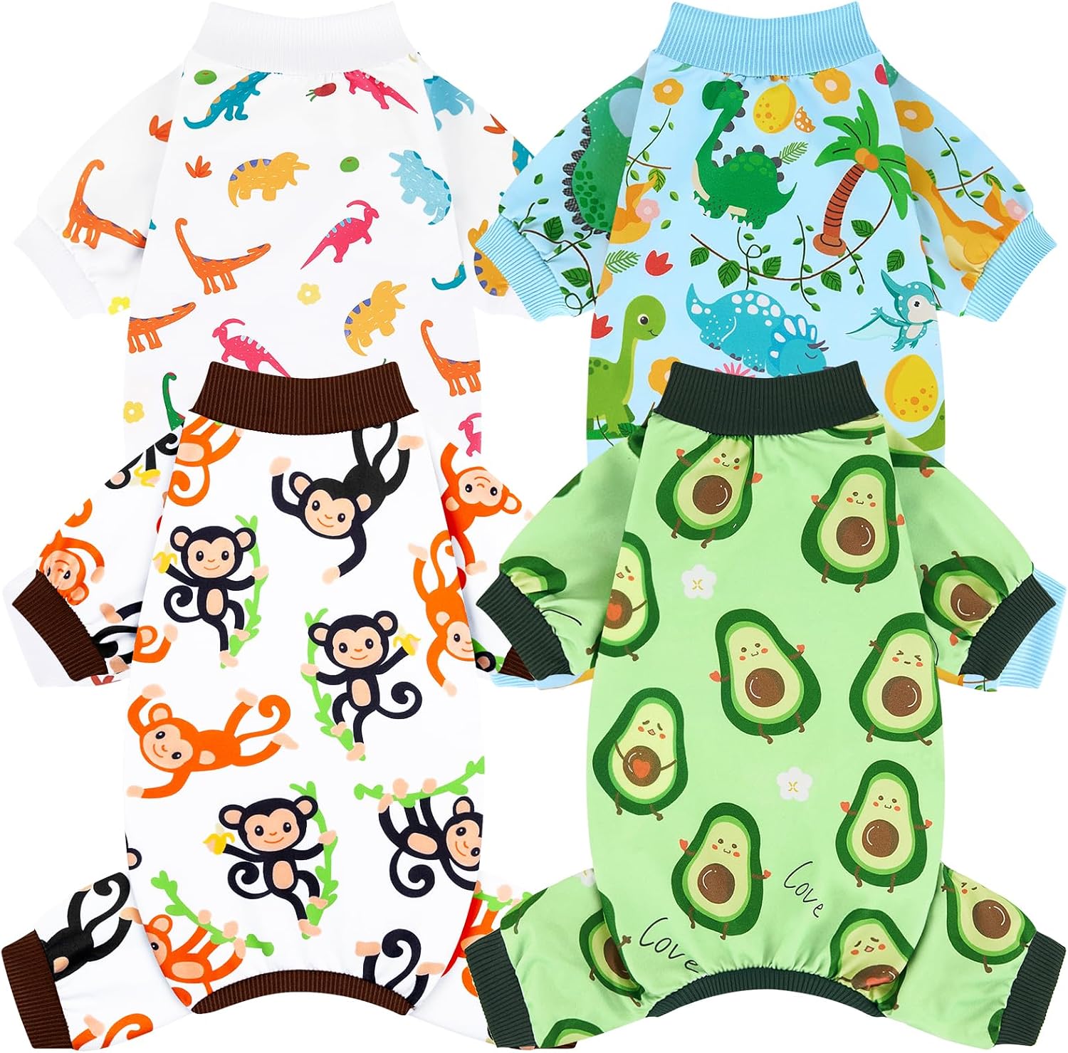 XPUDAC 4 Pack Dog Pajamas front view showing small dog wearing the cute multicolor avocado printed pet onesie.