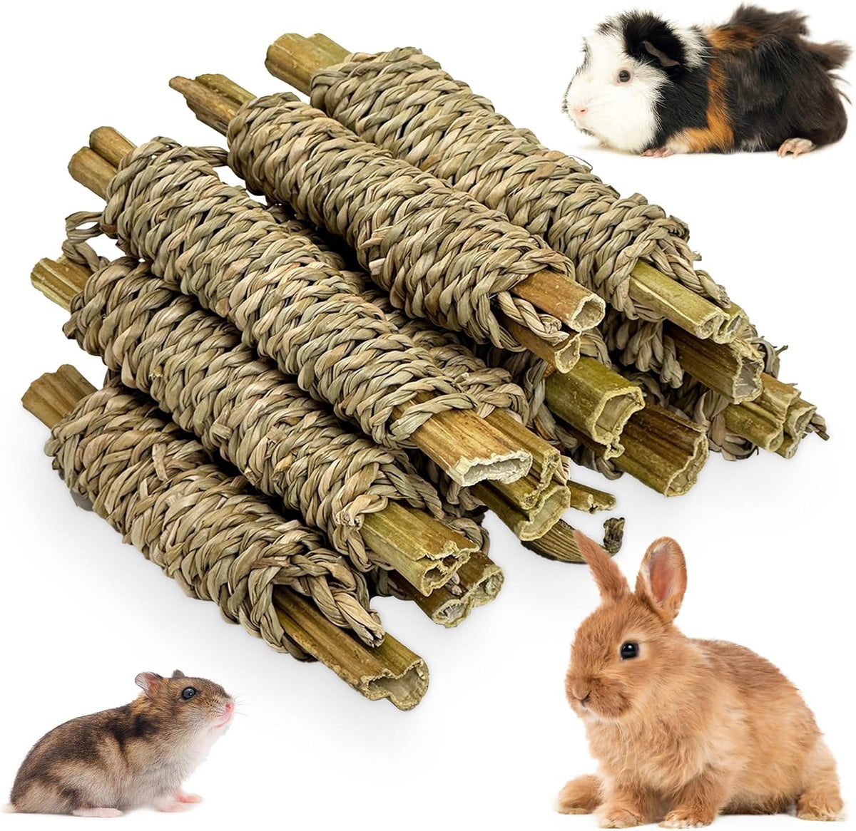 Fhiny Rabbit Chew Sticks front view of 12 piece pack showing papaya wood and seagrass texture.