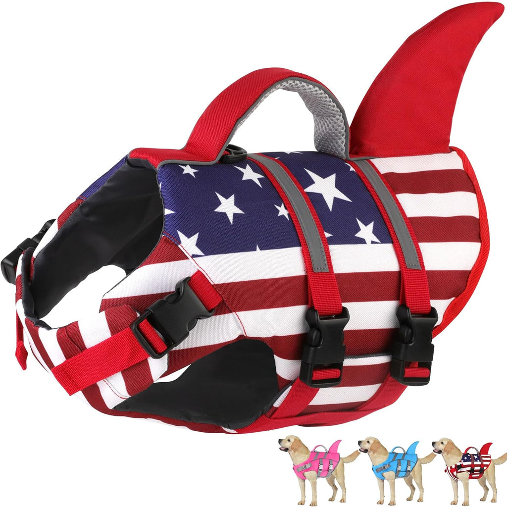 Dogcheer shark dog life jacket front view showing secure chest padding for high buoyancy swimming safety.