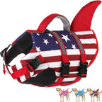 Dogcheer shark dog life jacket front view showing secure chest padding for high buoyancy swimming safety.