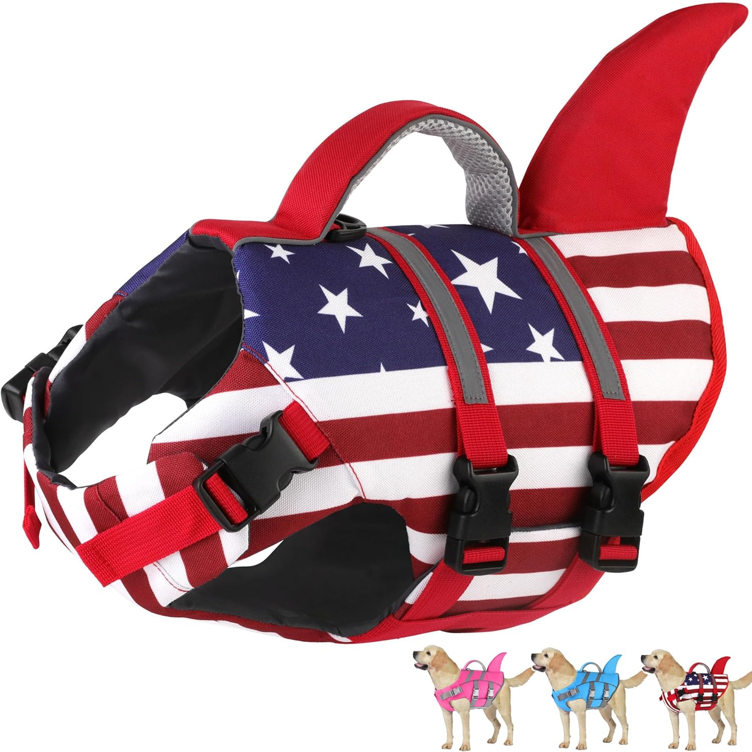 Dogcheer shark dog life jacket front view showing secure chest padding for high buoyancy swimming safety.