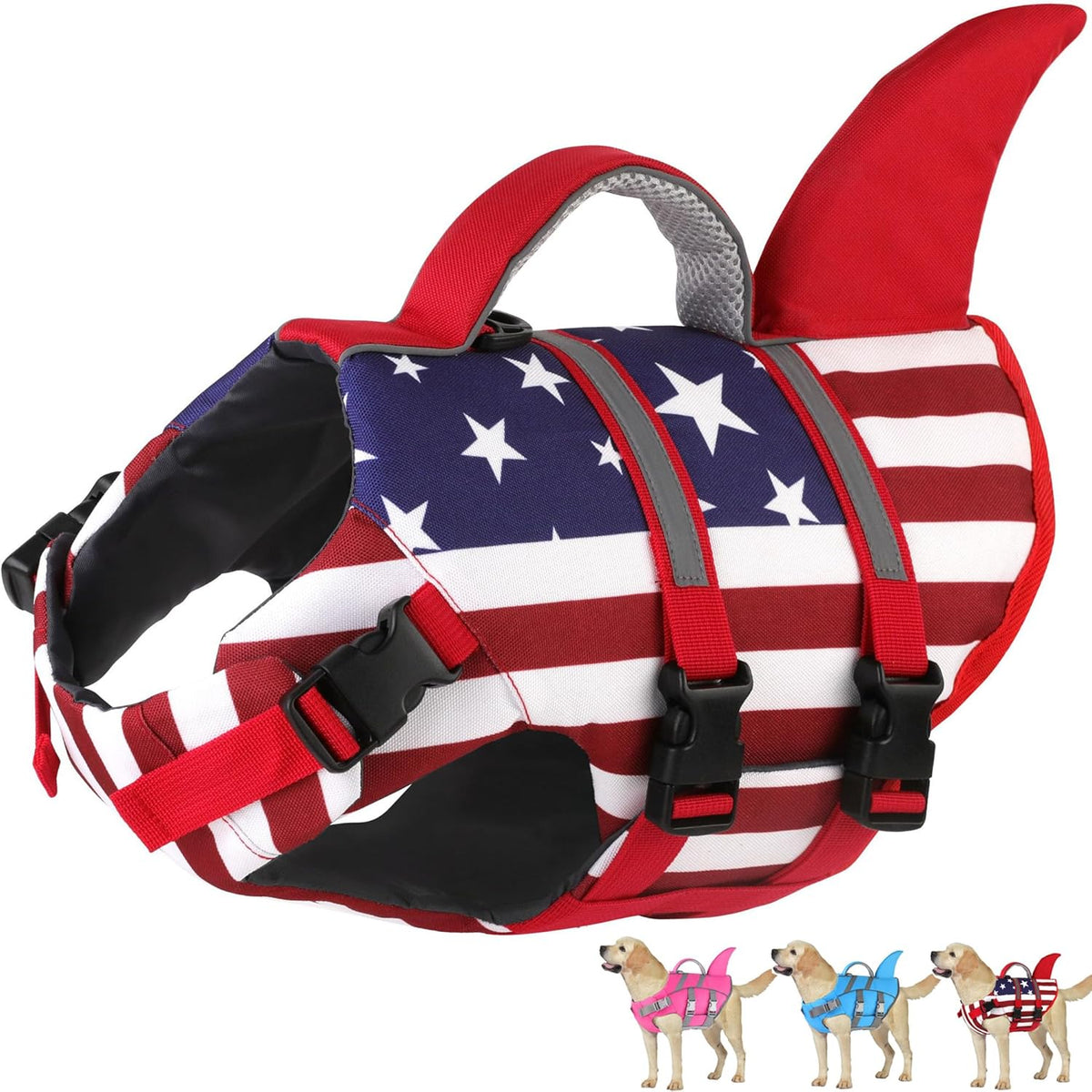 Dogcheer shark dog life jacket front view showing secure chest padding for high buoyancy swimming safety.