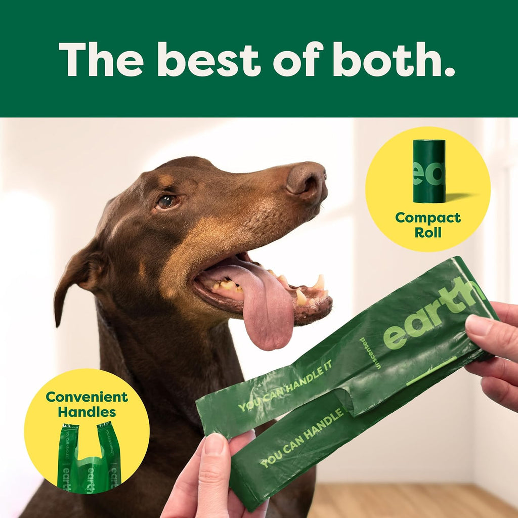 Compact refill rolls of unscented leak proof doggy bags showing easy tear perforation.