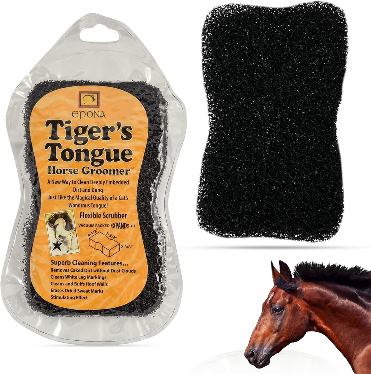 Epona Tiger's Tongue Horse Groomer front view showing flexible black textured cleaning surface.