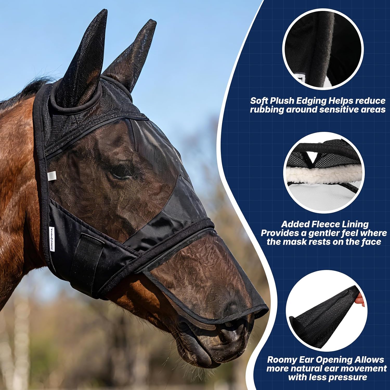Close up of breathable UV protection mesh on Sagud fly mask
