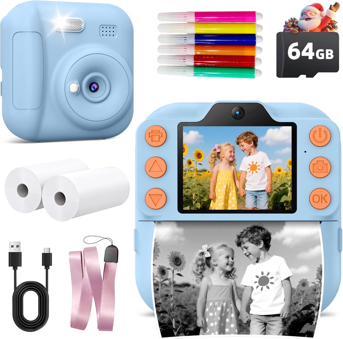 Coxlame kids instant print digital camera front view in bright light blue color showing lens