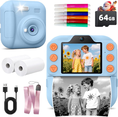 Coxlame kids instant print digital camera front view in bright light blue color showing lens