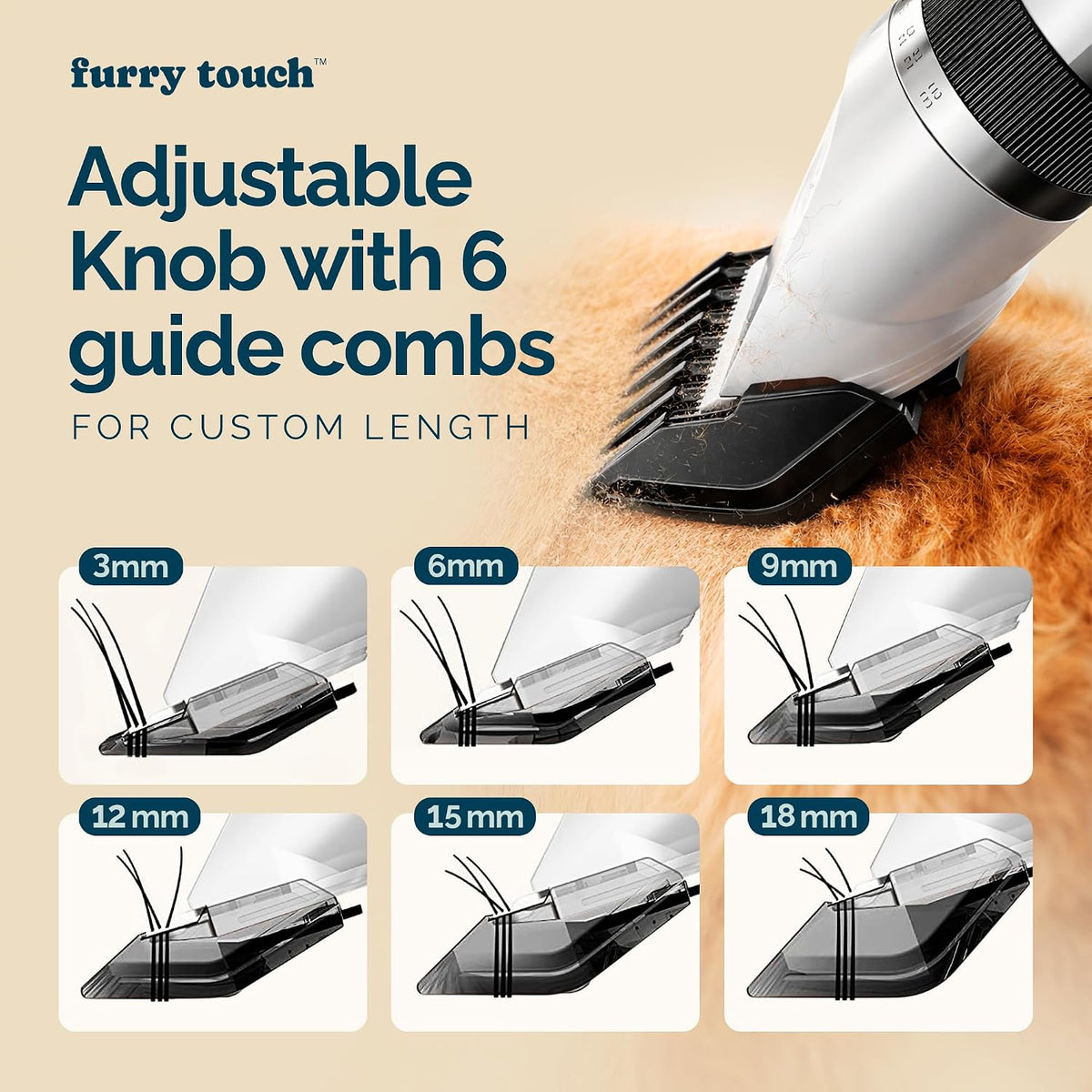 Premium ceramic blade with rounded safety edges on the Furry Touch cordless dog clippers close up view.