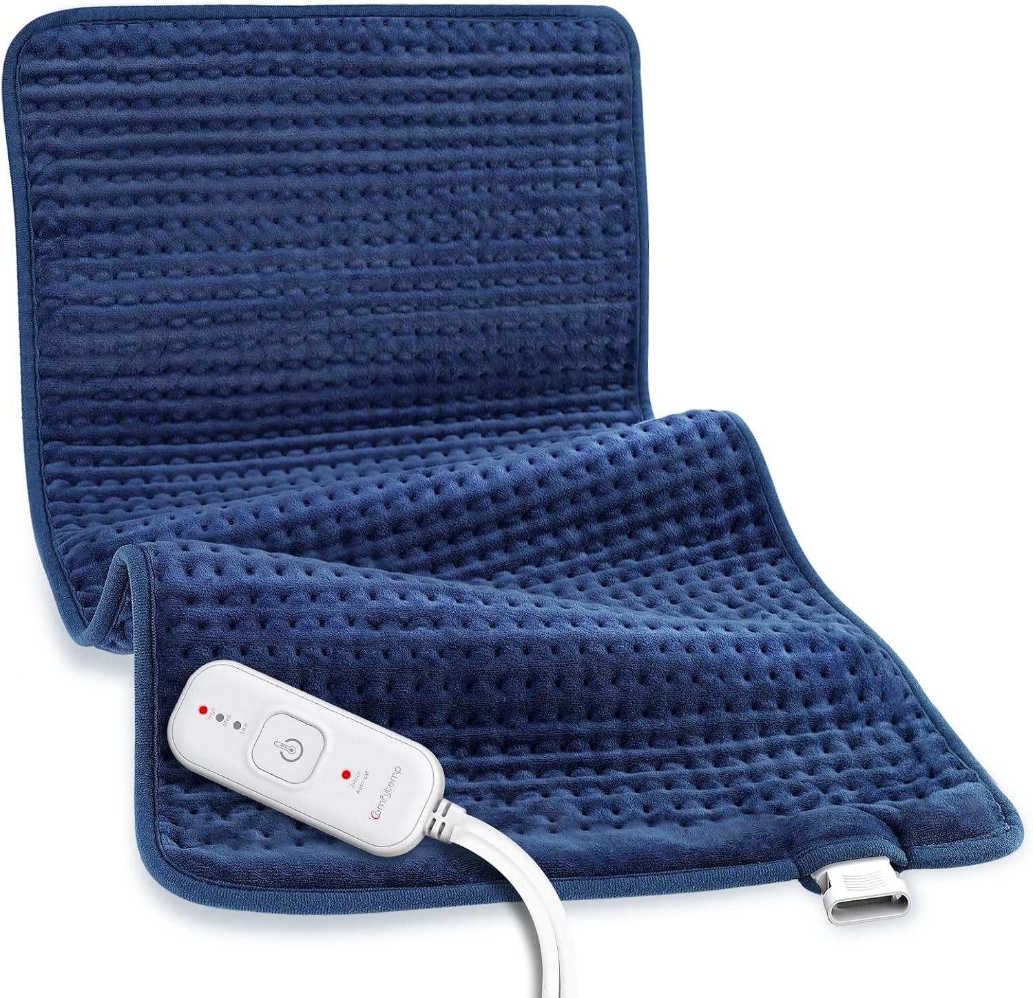 Comfytemp extra large heating pad front view showing blue quilted fabric and digital controller.