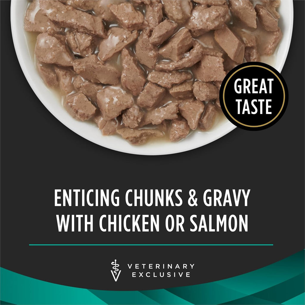 Pro Plan Veterinary Diets EN Gastroenteric wet cat food cans showing texture of savory selects in sauce.