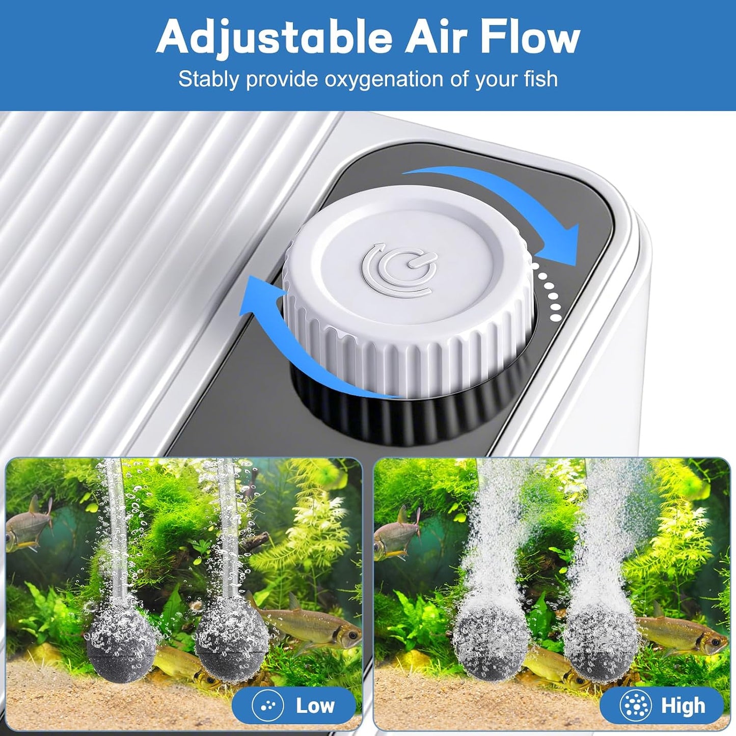 Close up of Lounginglife fish tank air pump dual outlet ports