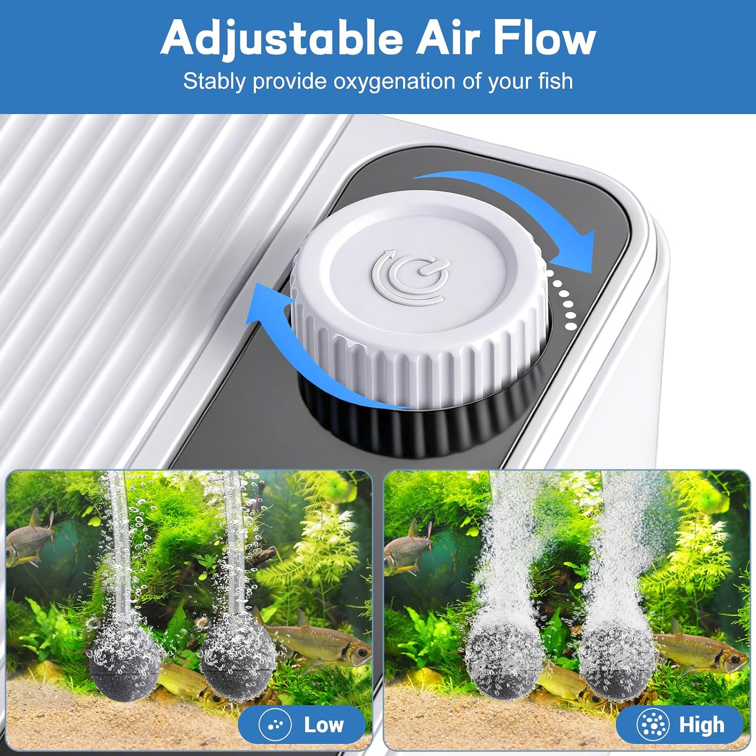 Close up of Lounginglife fish tank air pump dual outlet ports