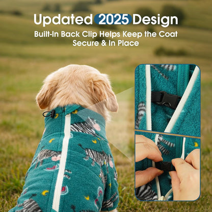 Small dog comfortable in a soft polar fleece pet jumpsuit.