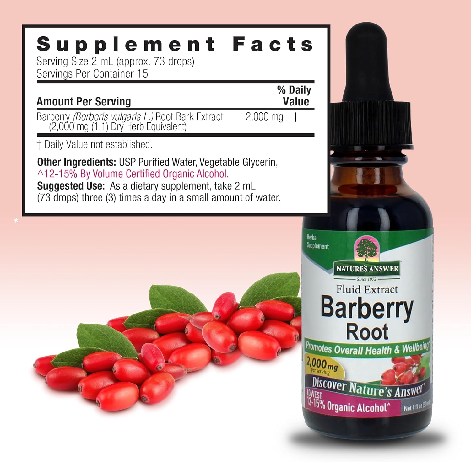 Nature's Answer low alcohol barberry tincture packaging detailing ingredient breakdown