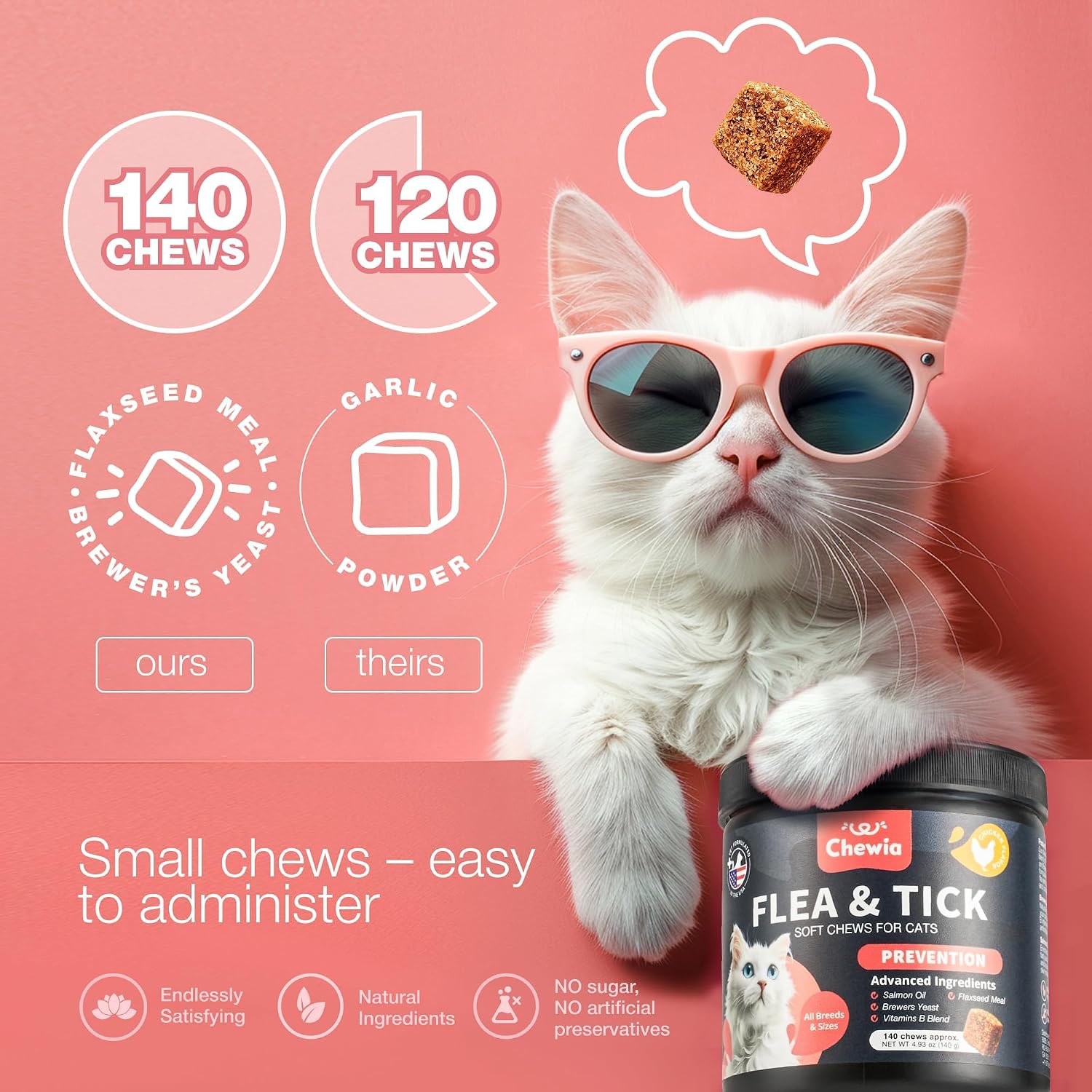 USA formulated cat skin and coat wellness chewable supplement bottle