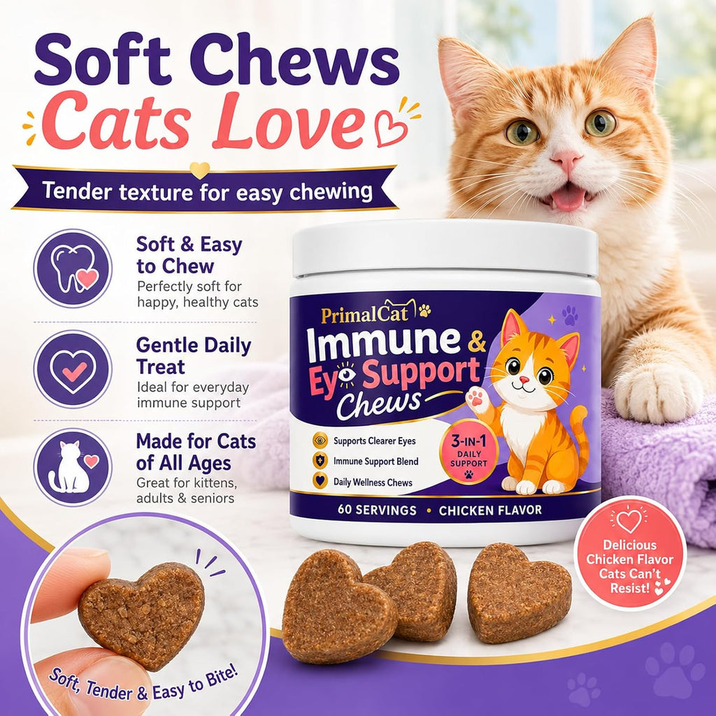Heart shaped cat immune supplement soft chews spilled beside the bottle