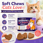 Heart shaped cat immune supplement soft chews spilled beside the bottle