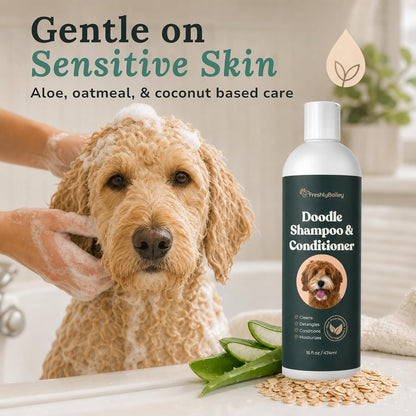 Freshly Bailey premium doodle grooming shampoo and conditioner sixteen fluid ounce bottle