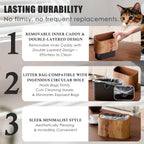 Side profile of wood-grain desk trash bin for pet waste