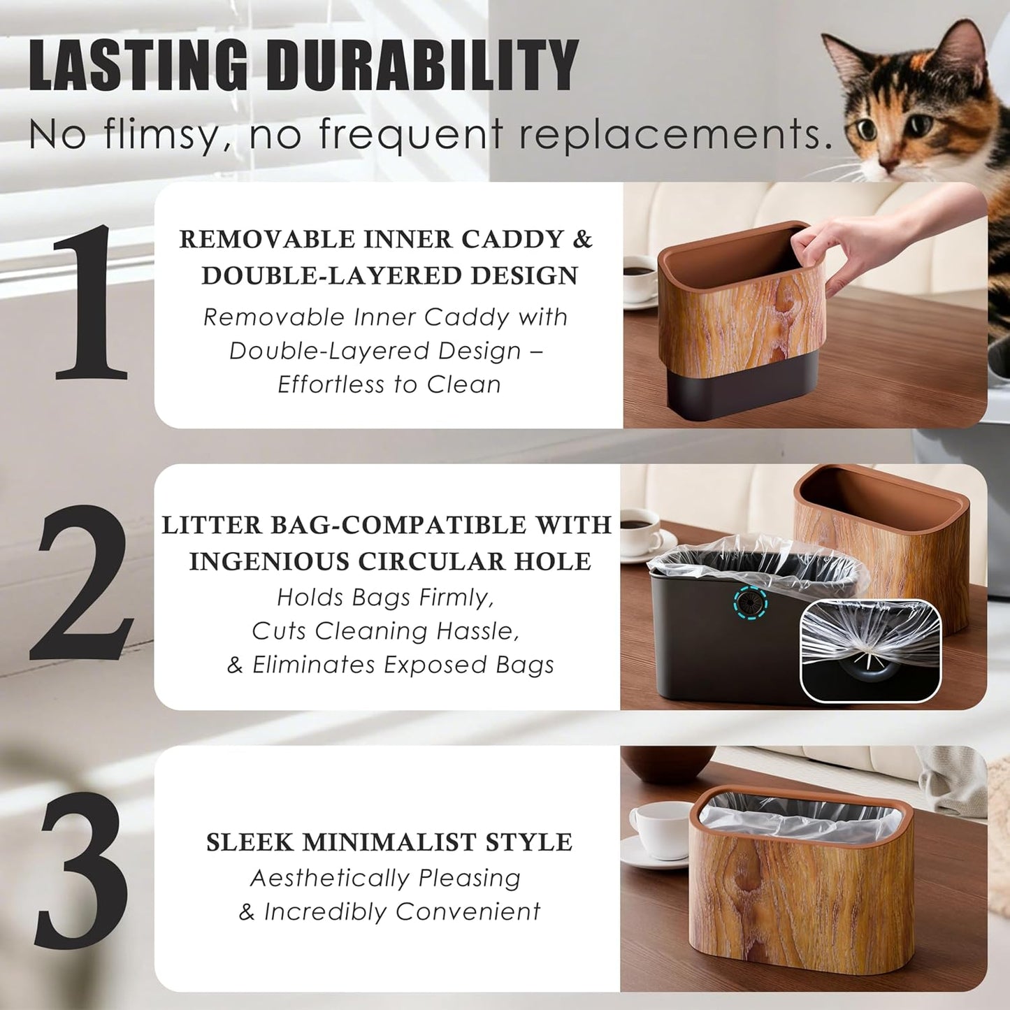 Side profile of wood-grain desk trash bin for pet waste