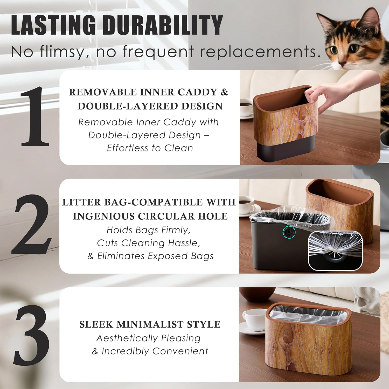 Side profile of wood-grain desk trash bin for pet waste