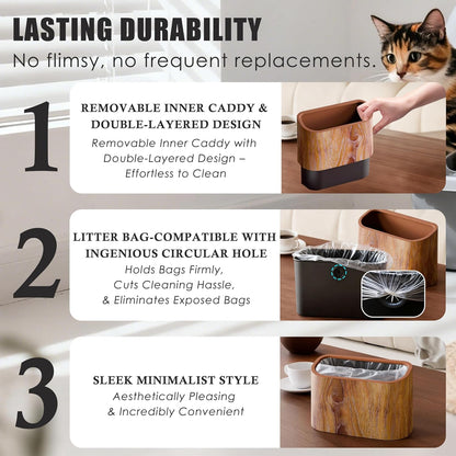 Side profile of wood-grain desk trash bin for pet waste