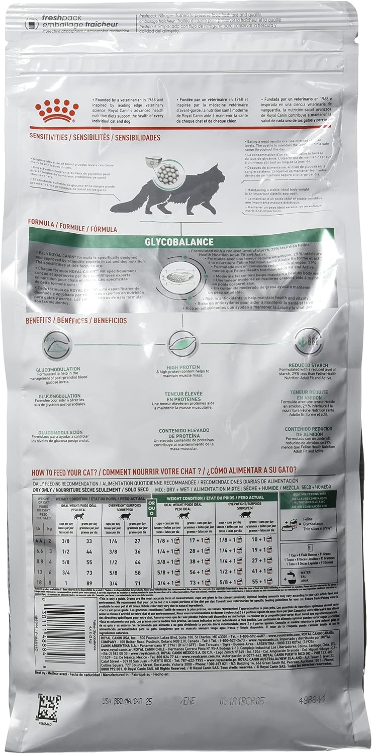 Royal Canin Feline Glycobalance 4.4 pound bag side profile showing nutritional details