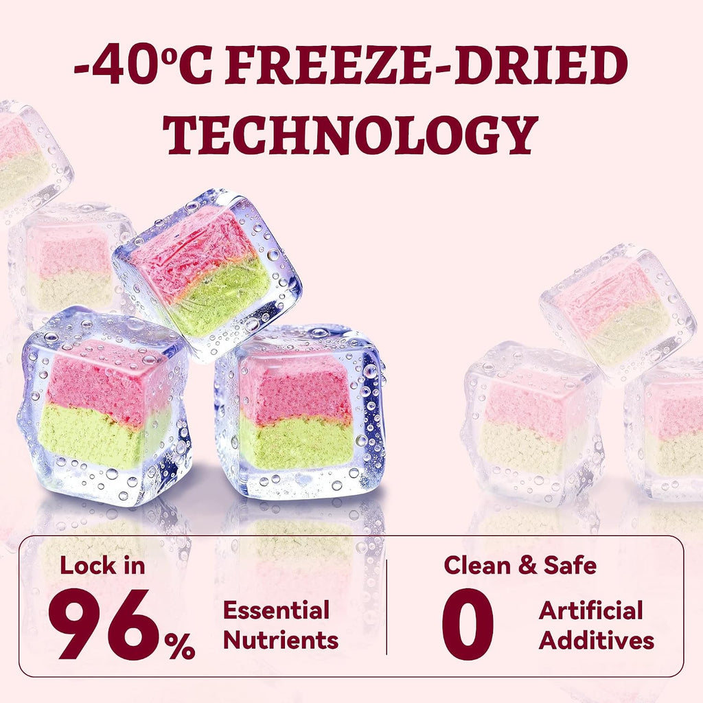 Just Try 100g freeze dried cat food topper cubes next to a serving bowl for healthy feline snacks.