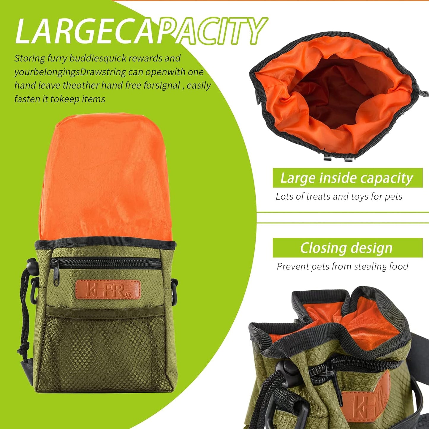 KHPR weatherproof nylon treat tote with zippered pockets for smartphone storage