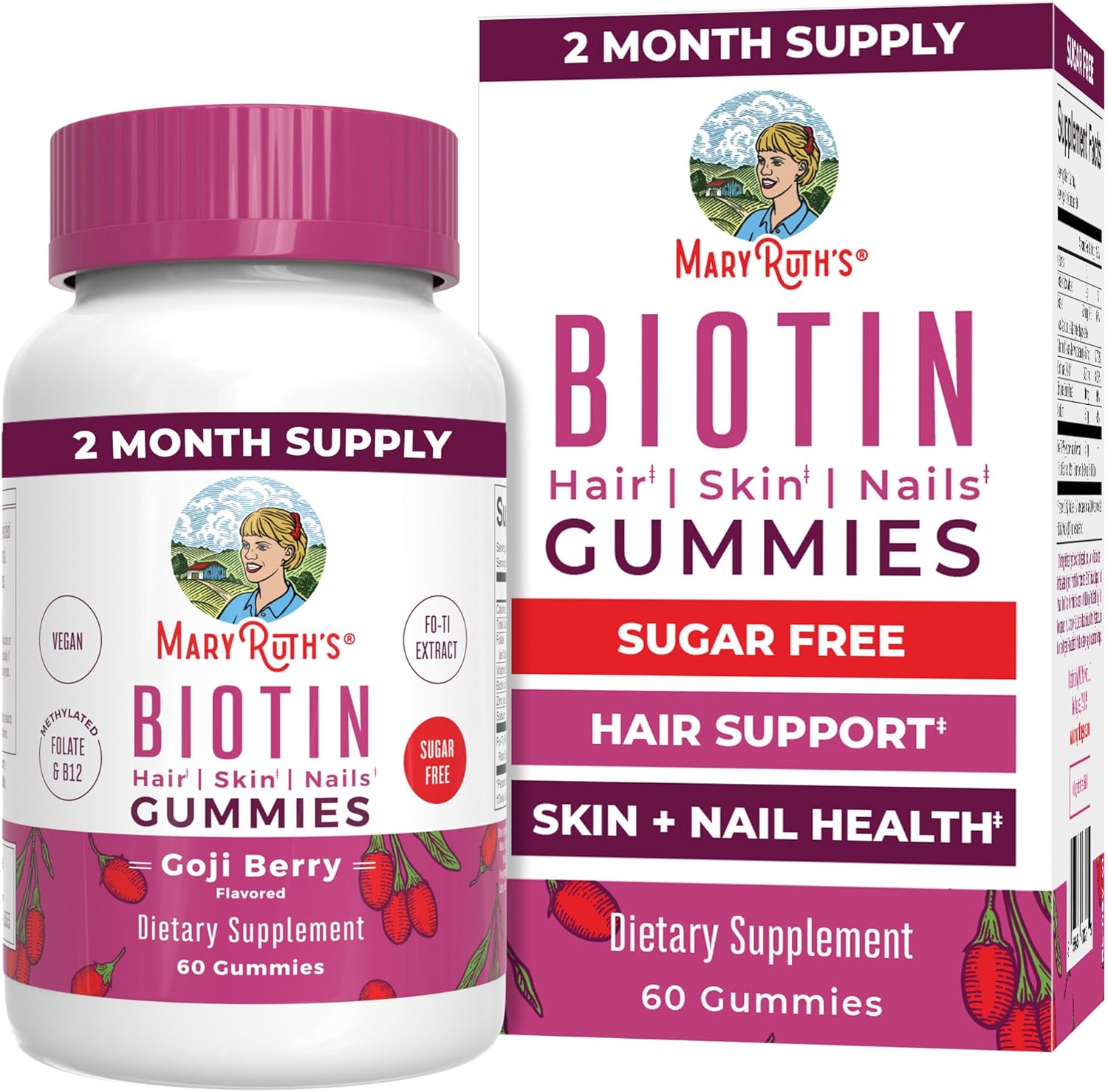 MaryRuth Organics Biotin Sugar Free Gummies bottle front view for hair skin and nails