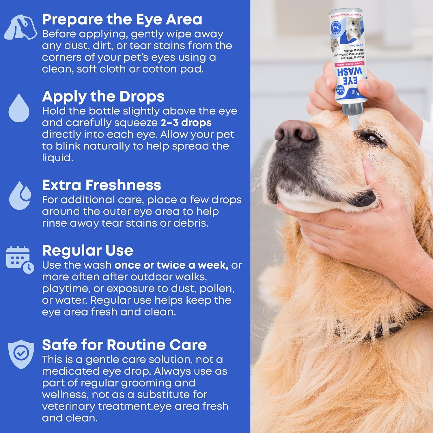 Sterile pet eye drops for dry eyes and redness relief close up.