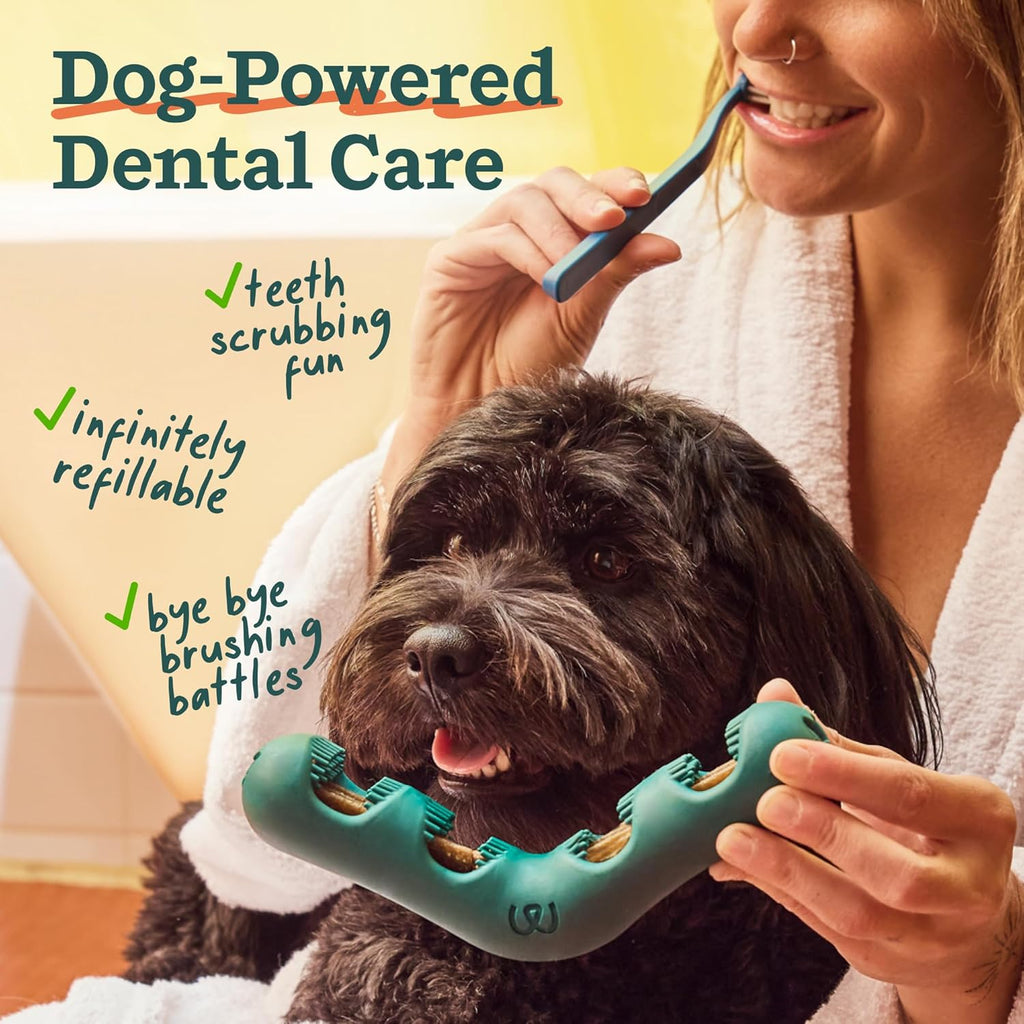 Side view of Woof toothbrush toy showing cleaning bristles
