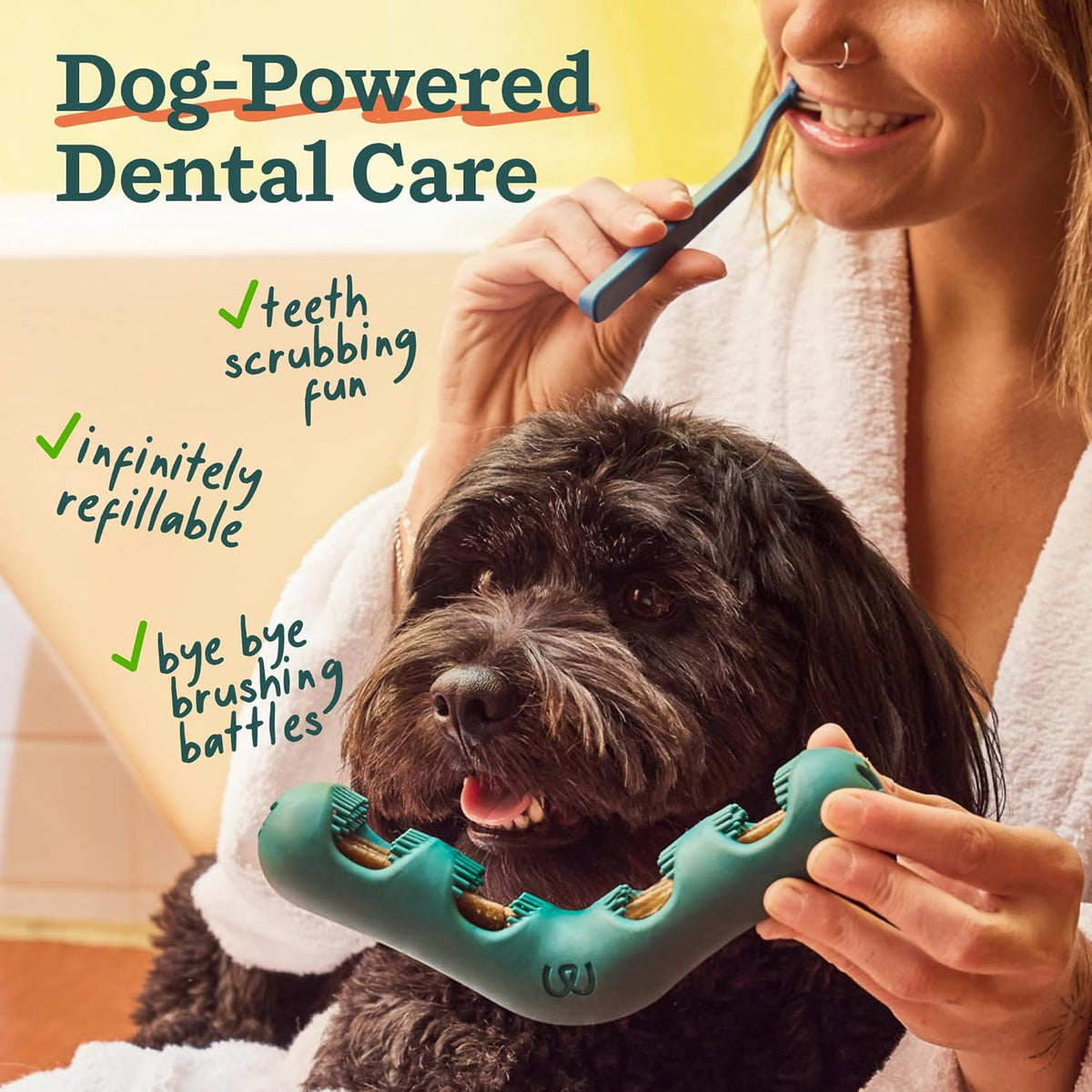 Side view of Woof toothbrush toy showing cleaning bristles