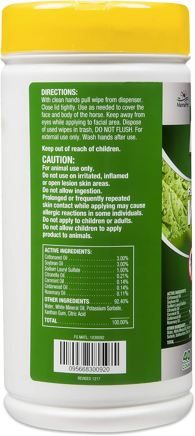 Manna Pro horse insect repellent botanical wipes canister showing product instructions