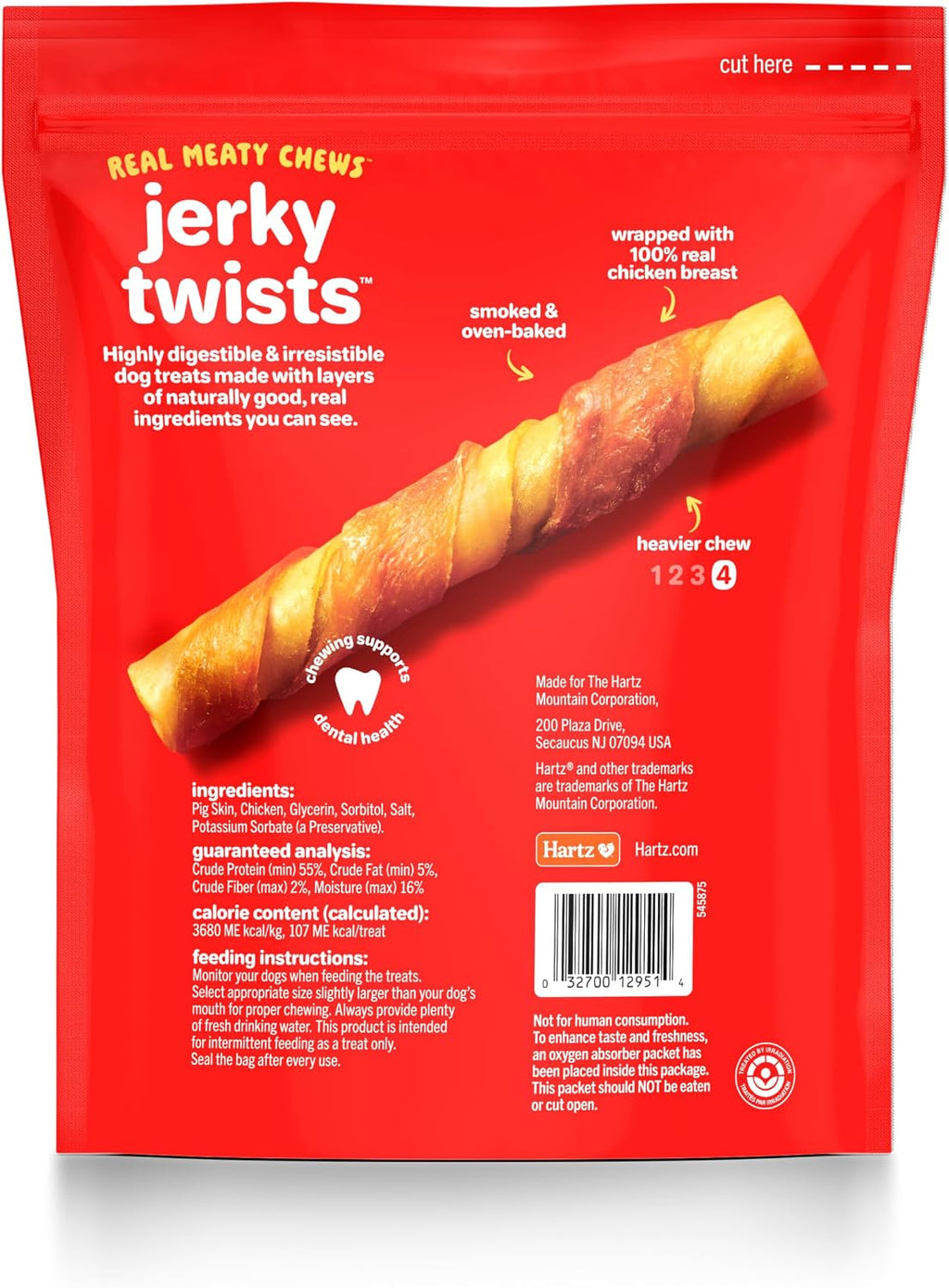 Close up of Hartz Oinkies smoked jerky dog chew twist