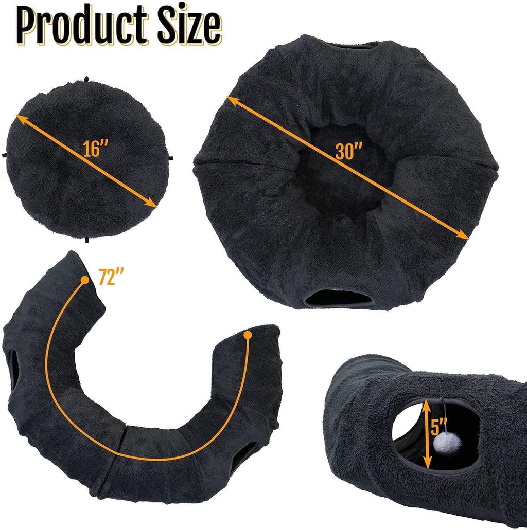R1M MERCH interactive cat tube playground unzipped into a semi-circle configuration with hanging toy ball
