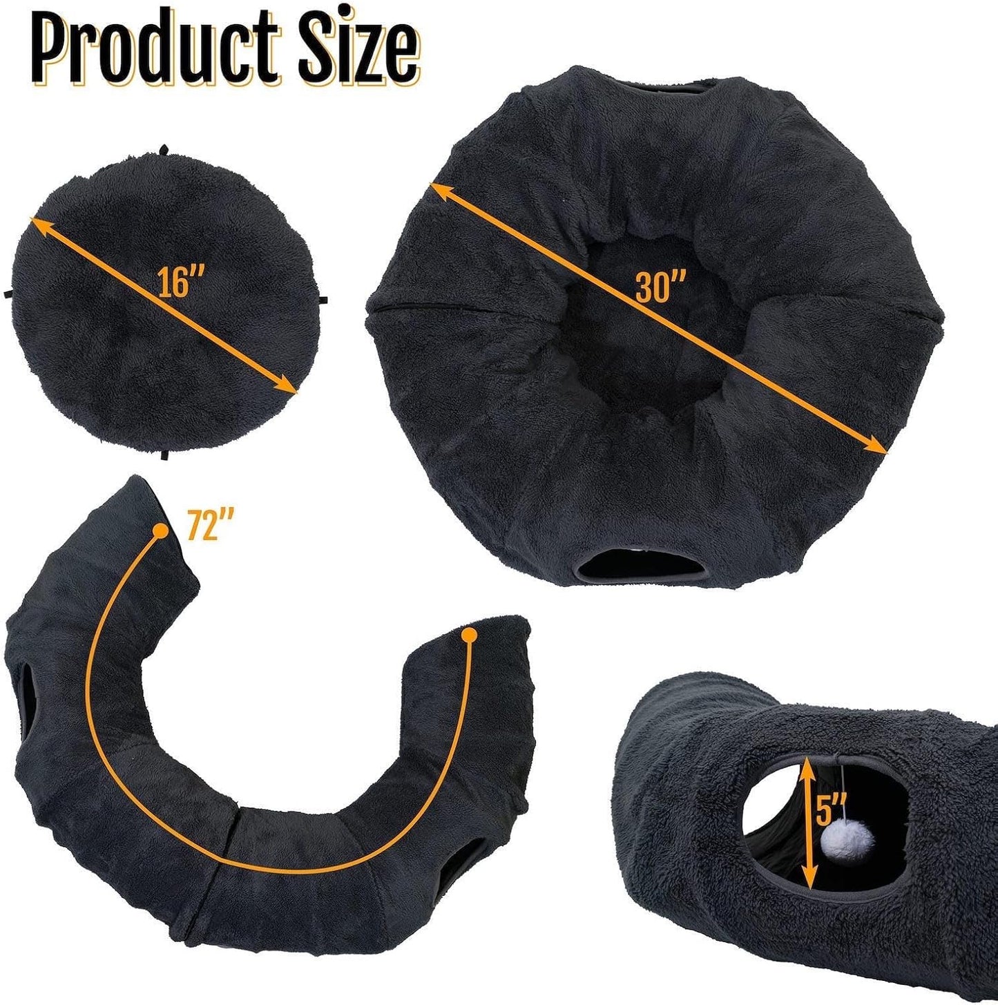 R1M MERCH interactive cat tube playground unzipped into a semi-circle configuration with hanging toy ball