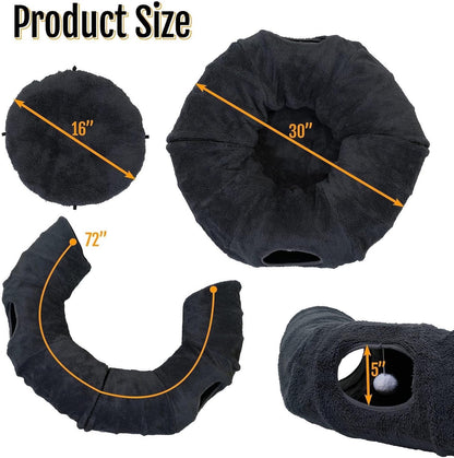R1M MERCH interactive cat tube playground unzipped into a semi-circle configuration with hanging toy ball