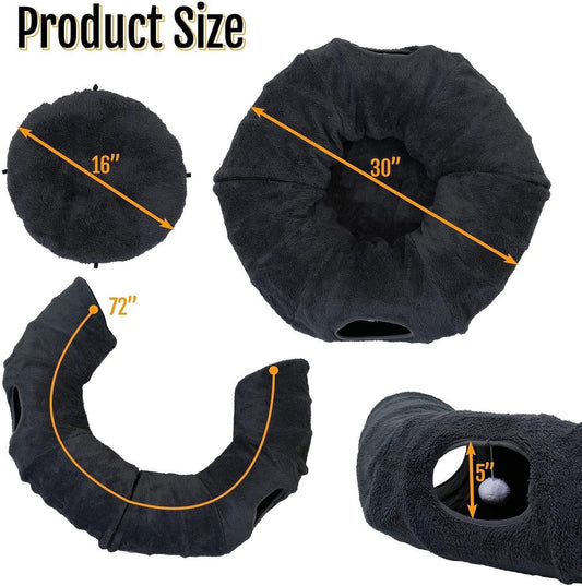 R1M MERCH interactive cat tube playground unzipped into a semi-circle configuration with hanging toy ball