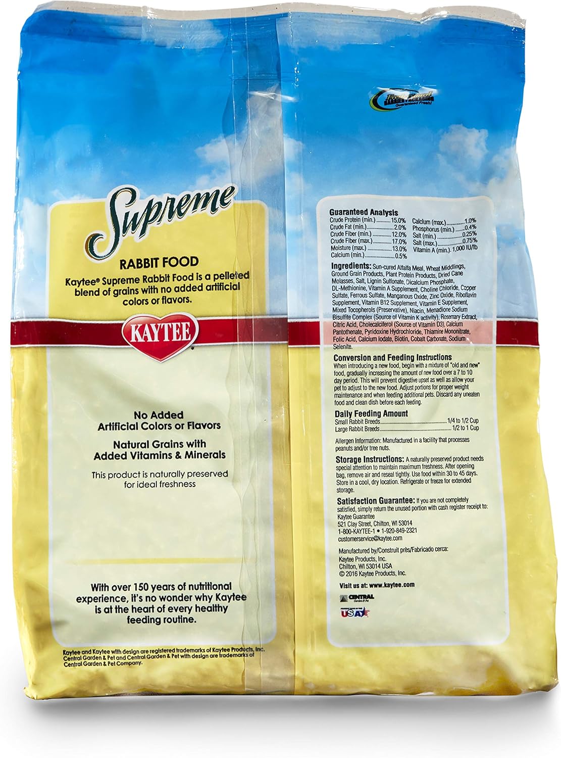 Back of Kaytee Supreme Rabbit Food packaging with nutritional guaranteed analysis.