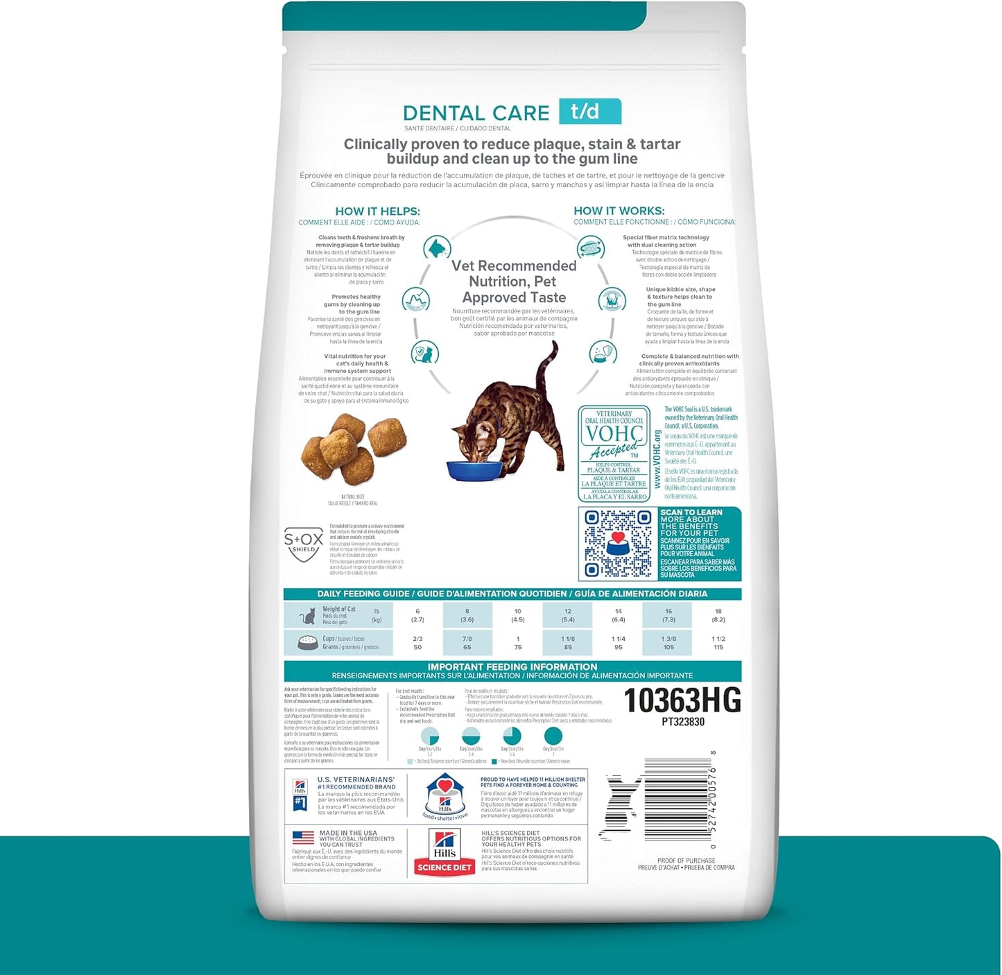 Hill's Prescription Diet feline oral health chicken flavor dry cat food packaging back showing guidelines