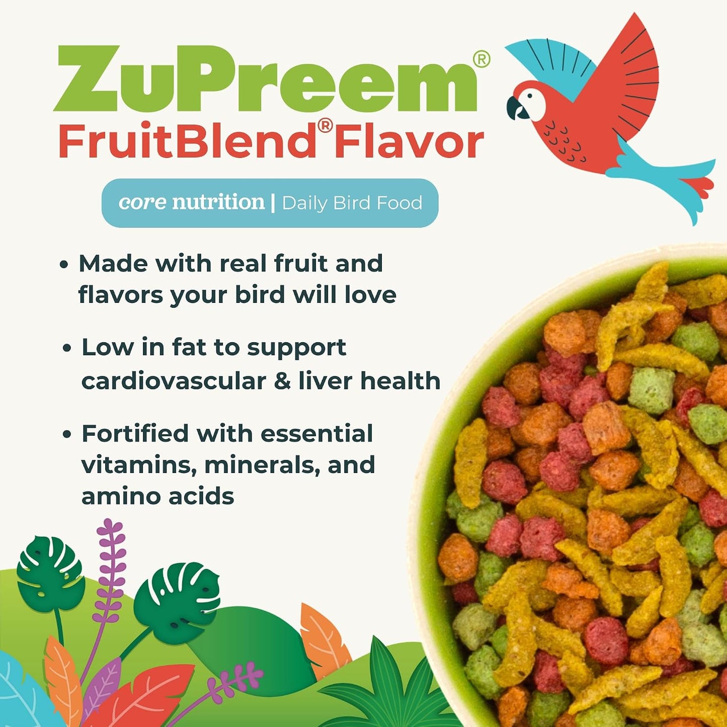 Close up of colorful ZuPreem FruitBlend bird food pellets