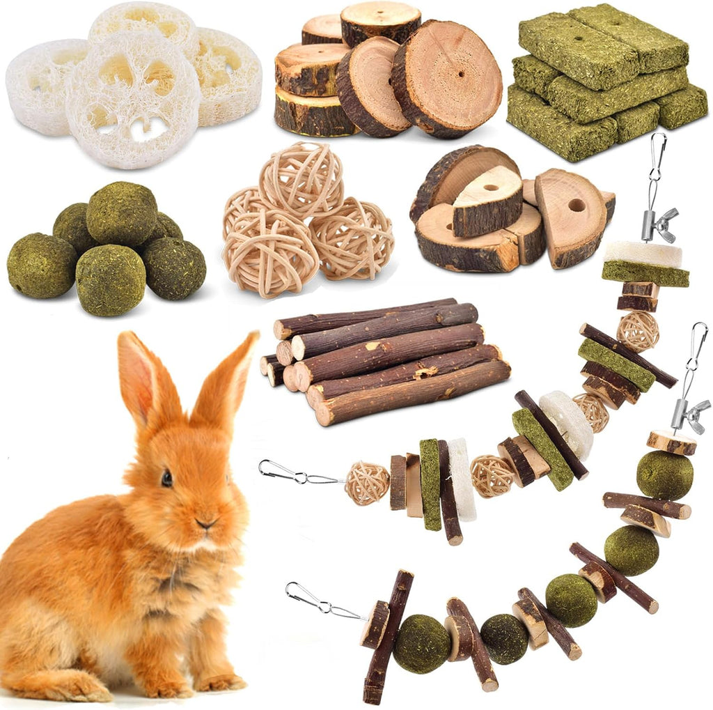 Katumo rabbit chew toys kit front view showing assorted apple wood and timothy hay pieces.