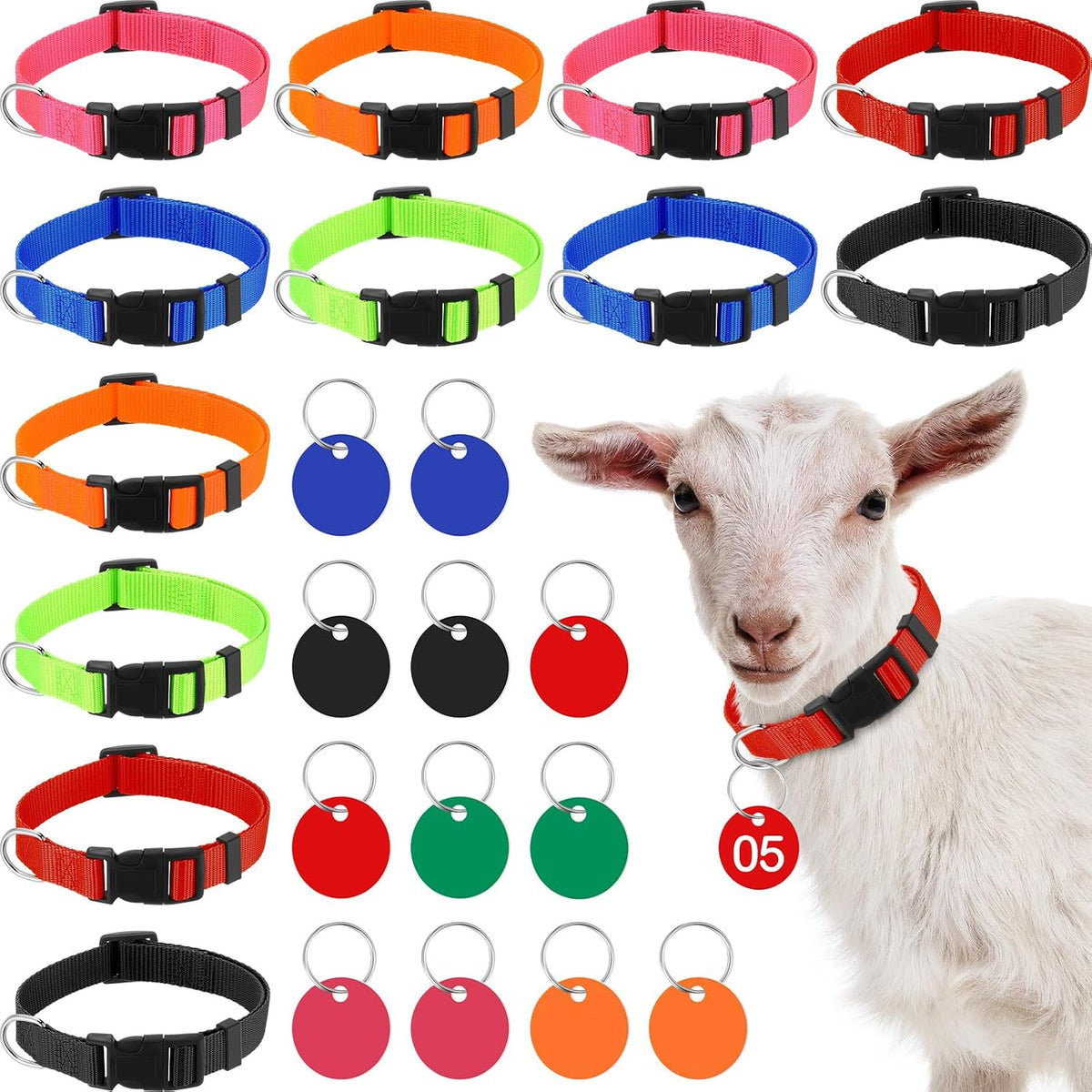 Pack of twelve multicolor reflective livestock collars demonstrating weather-resistant properties for professional farm management.